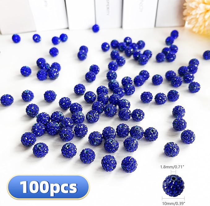 100 pcs 10mm Rhinestone Beads for Jewelry Making, Sapphire Shiny Round Disco Ball Bead, Bulk Polymer Clay Rhinestone Beads Crystal Diamond Bead for Bracelet Necklace Earring Crafting