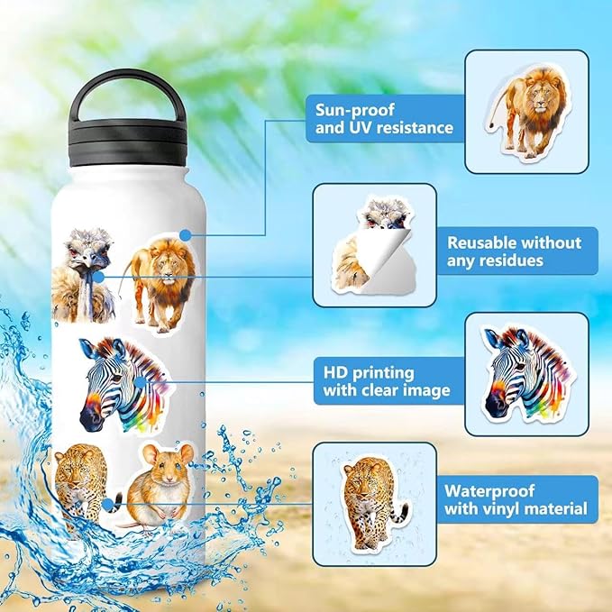50 pcs cute animal stickers bulk.zoo animal stickers packs for adults teens,girls,wild africa sticker for water bottles laptop, phone etc