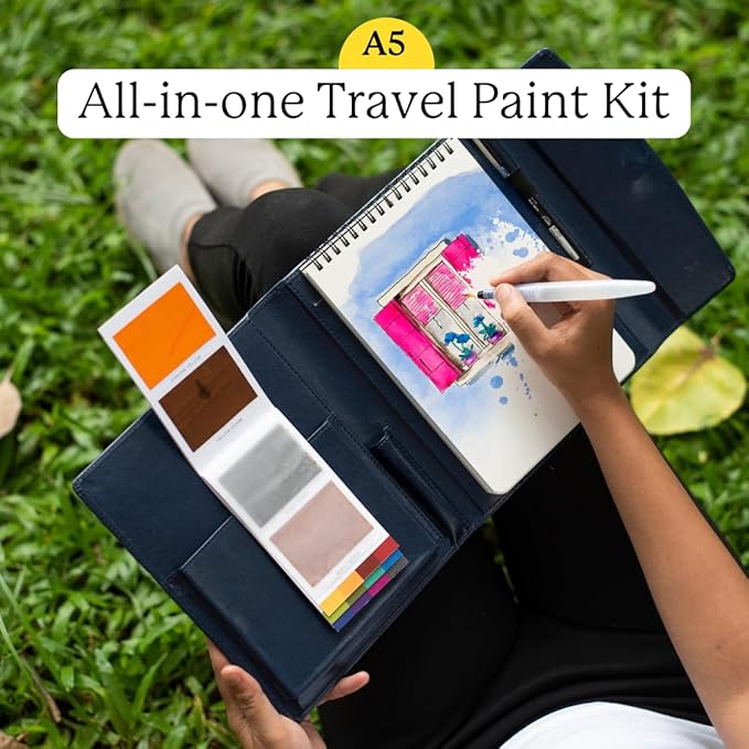 Viviva Colors Watercolor A5 Travel Paint Set - Travel Watercolor Kit with 16 Watercolors, A5 Ivory Sketchpad, Leather Case, Waterbrush, & Black Marker - Fun, Vibrant, No Mess Portable Travel Art Kit for Adults & Kids