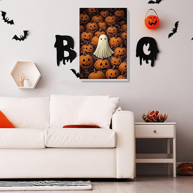 Bowetile Halloween Framed Paint by Numbers for Adults, Ghost Adults' Paint-by-Number Kits on Canvas, Easy Acrylic Pumpkin Number Painting Crafts Kits Halloween Gifts for Home Decor, 8x12in