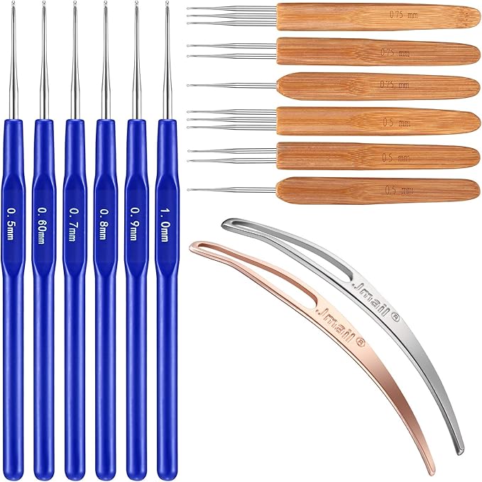 WILLBOND 14 Pcs Dreadlock Crochet Hook Set Include 6 Dreadlocks Crochet Needle 2 Hair Locking Tools 6 Hooks 0.5 mm 0.75 mm Needle Weaving, 1/2/3 Hooks for Locs Braid Craft(Blue)