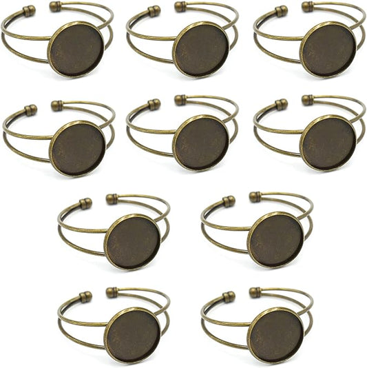 MIAO JIN 10 Pcs 25 mm Adjustable Round Cabochon Bezel Tray Blank Bangle for Crafting DIY Bracelets Making(Antique Bronze)