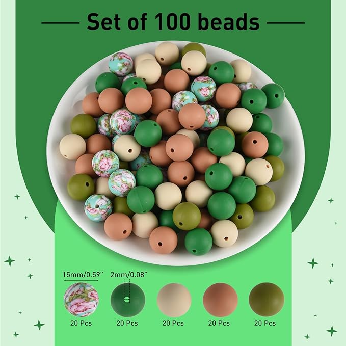 ASTARON 100 Pcs 15mm Silicone Beads for Keychain Making, Brown Green Round Beads for Bracelets Crafts Beadable Pens Decorations Jewelry Making Party Favors Supplies