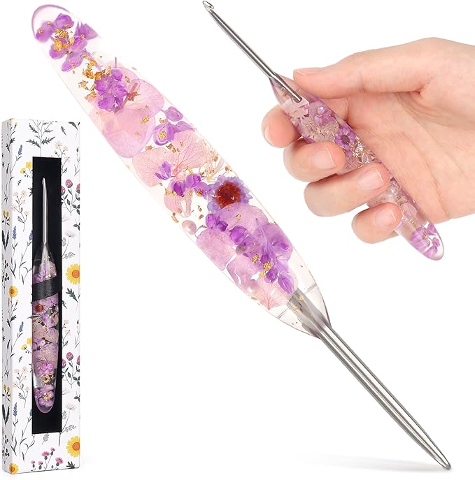 Katech 3.5mm Crochet Hook for Arthritic Hands, Hand-Polished Stainless Steel Ergonomic Crochet Hooks with Customized Sparkle Dried Floral Grip, Soft Tapered Hook-Crochet Gift for Beginner & Crocheter