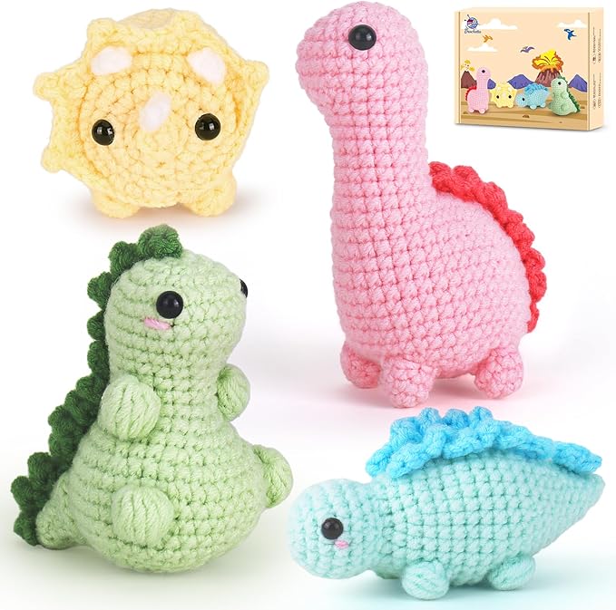 Crochet Kit for Beginners, Beginner Crochet Kit for Adults with Step-by-Step Video Tutorials, DIY Crochet Animal Kits Knitting Supplies, 4 Pack Dinosaurs (40%+ Yarn)