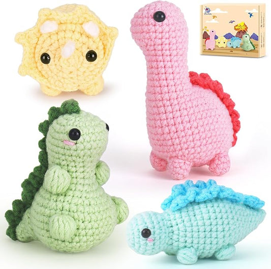 Crochet Kit for Beginners, Beginner Crochet Kit for Adults with Step-by-Step Video Tutorials, DIY Crochet Animal Kits Knitting Supplies, 4 Pack Dinosaurs (40%+ Yarn)