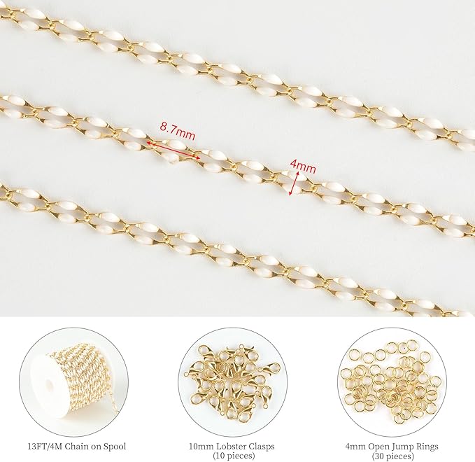 KYUNHOO 13 Feet/4M White Oil Drip Chain for Jewelry Making Twist Lip Chain Roll Gold Plated Brass Jewelry Link for Necklace Bracelet Earring DIY Finding Supplies