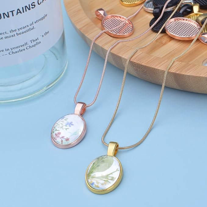 48pcs Bezel Pendant Blanks Set, 24pcs 6 Colors Oval Pendant Trays Bezel Blanks with 24pcs Glass Cabochons Clear Dome Tiles for DIY Bracelet Necklace Jewelry Crafts Making
