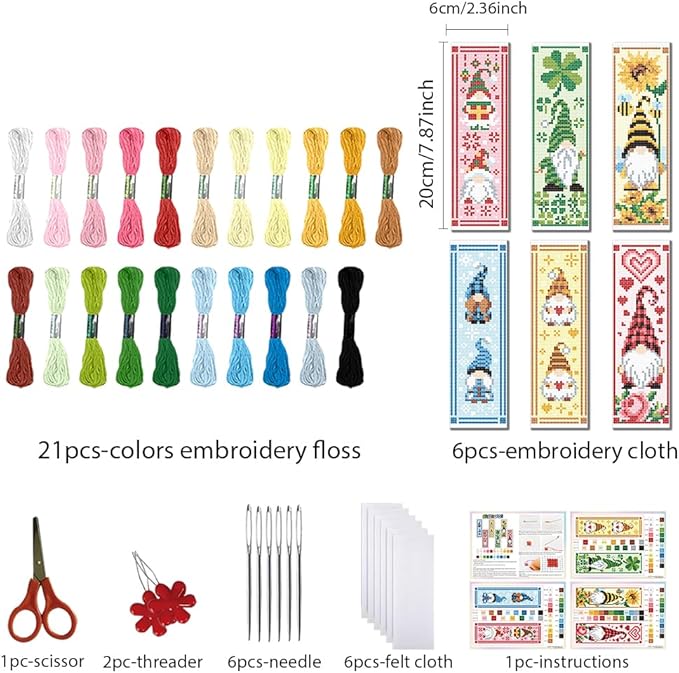 FREEBLOSS 6 Set Cross Stitch Bookmark Kit St. Patrick Gnome Pattern Stamped Cross Stitch Kit 11CT Christmas Embroidery Kits with Instructions for Beginners Adult 20x6cm/8x2.4inch