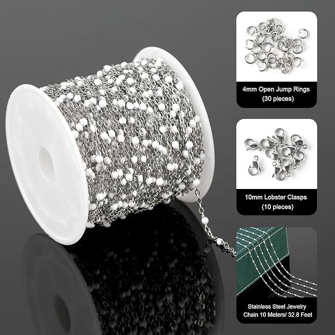 UMAOKANG 10 Meters Stainless Steel Jewelry Chains Bulk White Enamel Bead Necklace Bracelet Chain for Jewelry Making Jewelry Findings