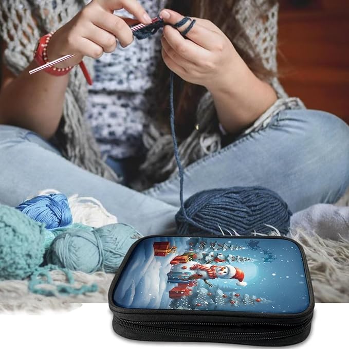 Hechitok Christmas Tree Snowman Empty Crochet Hook Case Portable Travel Crochet Storage Bag Organizer Zipper Bags with Web Pocket and Crochet Holder Slots for Crochet Knitting Accessories