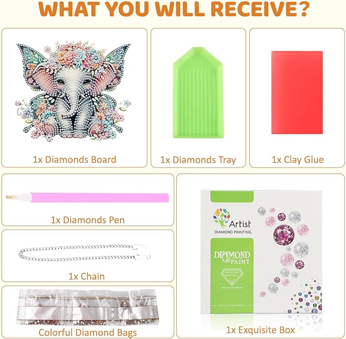 MEIYUDA Elephant Diamond Art Hanging Kits for Adult, Butterfly Elephant Diamond Painting Hanging Kits Ornaments, Animals DIY Special Shaped Rhinestone Window Pendant for Home Garden Wall Decor Gift