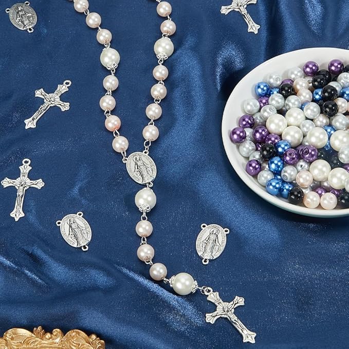 SUNNYCLUE 700Pcs Rosary Making Kits Crucifix Charms Rosary Crosses Easter Cross Pendants Oval Chandelier Link Charm Glass Pearl Beads for Jewelry Making Supplies DIY Necklace Bracelets Holiday