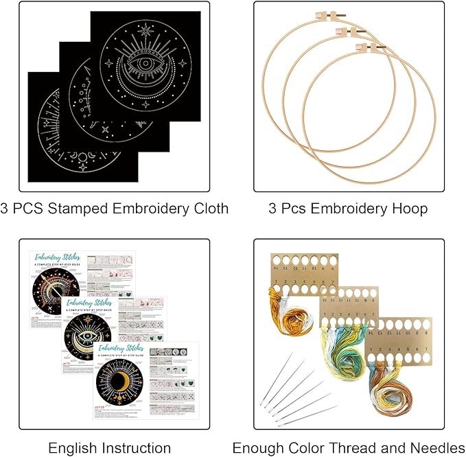 Louise Maelys 3 Set Tarot Moon Embroidery Kits for Beginners with Evil Eye Pattern,Adults Starter Cross Stitch Kit DIY Needlepoint