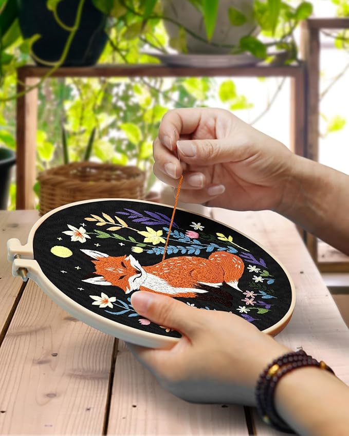 TINDTOP Embroidery Kit for Beginners Adult, Fox Embroidery Kit for Beginners Include Embroidery Cloth Hoops Threads for Craft Lover Hand Stitch with Embroidery Skill Techniques