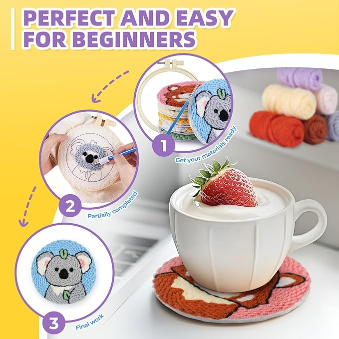 punch needle kit-6,embroidery kit for beginners,punch needle kits adults beginner,needles, curved scissors, a tool storage box, yarn, easy-to-follow instructions, and tutorial videos(6 animal coaster)