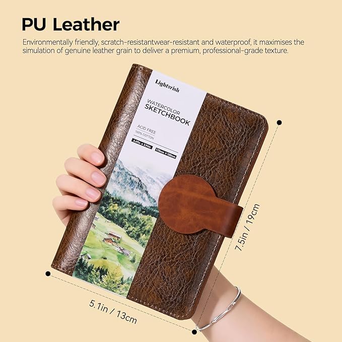 Lightwish Watercolor Sketchbook 100% Cotton, 300gsm (140lb) - 6.69" x 3.94" Hot Press Watercolor Paper Journal Notebook - 20 Sheets with PU Leather Cover for Drawing Mixed Media