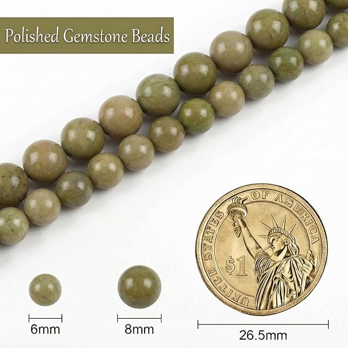 Stone Beads, 45pcs Olive Green Jades, 8mm Round Loose Beads for Jewelry Making, Bracelets, with Bag, String & Card