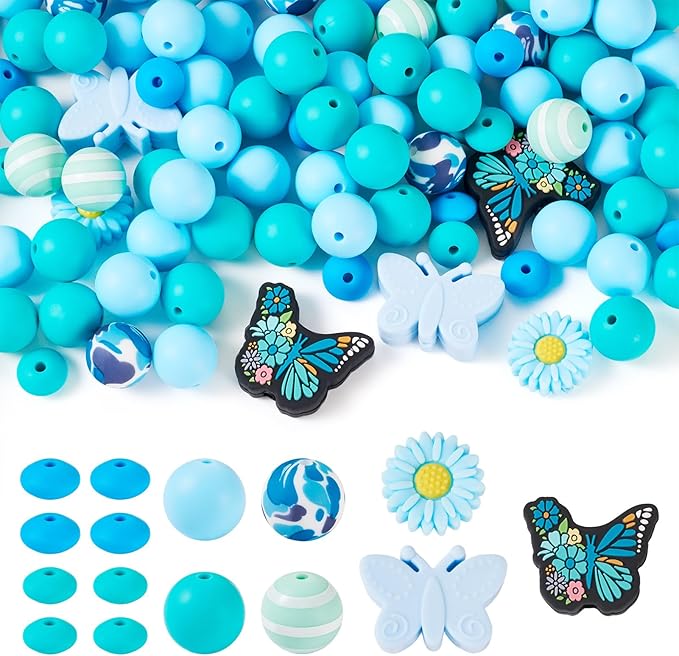 96 Pcs Butterfly Silicone Beads for Keychain Blue Silicone Focal Beads for Bracelet Making Rondelle Flower Daisy Bead for Women Jewelry Making DIY Birthday Supplies