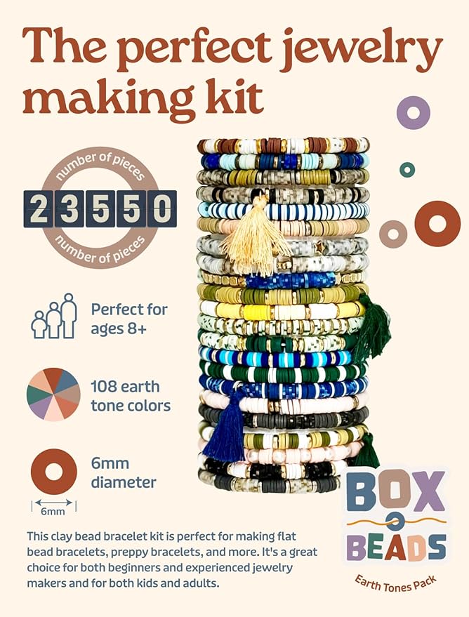 Box-O-Beads Earth Tones Clay Beads Bracelet Making Kit with 23550 Pieces - Premium Jewelry Making Kit Featuring 108 Unique Colors - Perfect Friendship Bracelet Gift for Girls and Teens
