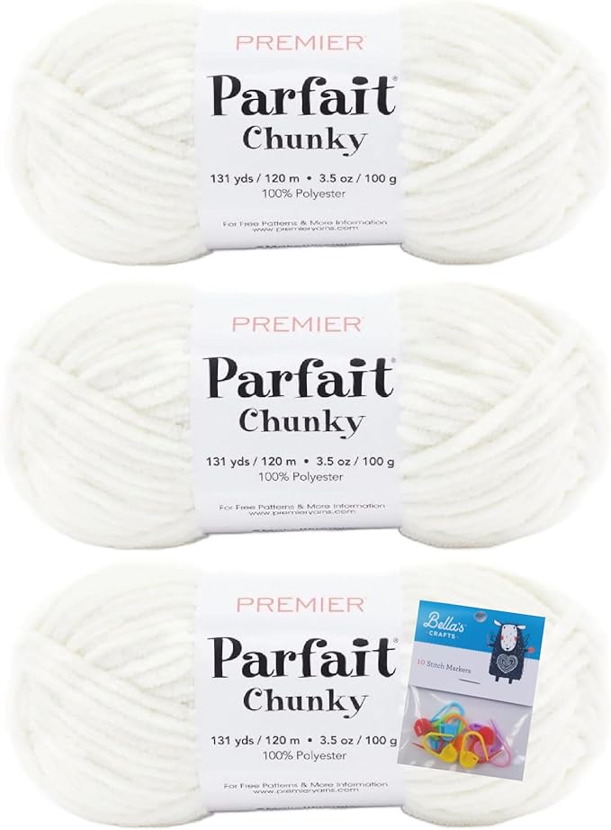 Premier Yarns Parfait Chunky Chenille 3.5 Oz 6 Super Bulky Weight 3 Pack Bundle with Bella's Stitch Place Holders (Cream)