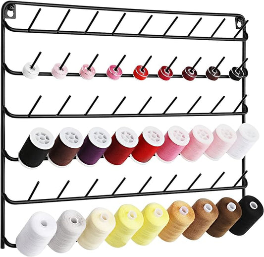 YBING Thread Holder Wall 54 Spools Thread Rack Embroidery Spool Thread Organizer Wall Mounted with Hanging Tools for Quilting Black Metal