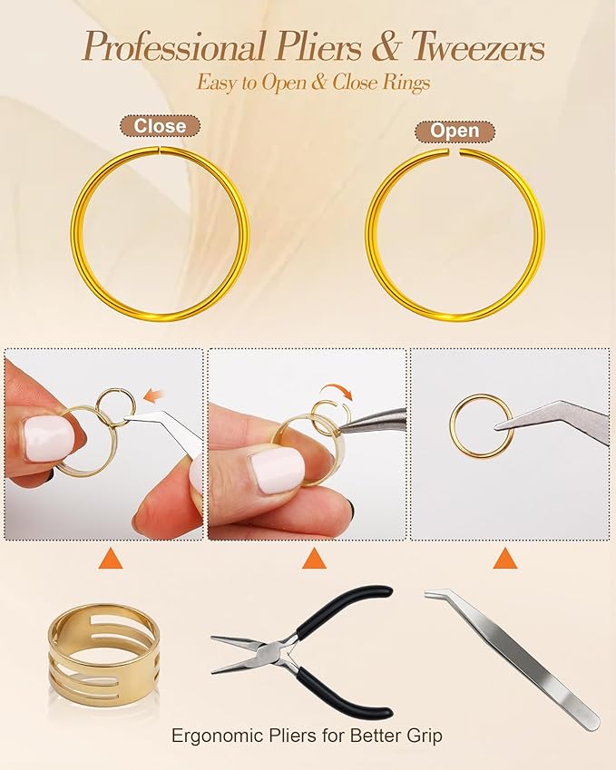 1200 PCS Jump Rings for Jewelry Making Supplies, Open Jump Rings Kit with Jump Ring Pliers & Tweezers, Gold & Silver Metal Split Rings for Necklace, Bracelet Repair & DIY Crafts