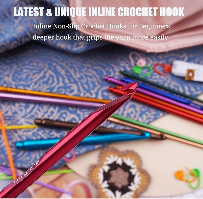Mdoker Latest Inline Crochet Hook Set with Case Aluminum Ergonomic Crochet Hooks,Non-Slip Hooks for Arthritic Hands,Nice Gift for Women,3mm-10mm