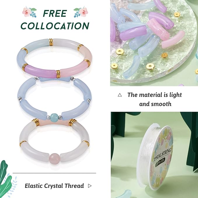 120Pcs Acrylic Chunky Tube Beads Kit with Flat Round Brass Spacer Beads & Elastic Crystal Thread, Long Curved Tube Beads for Bamboo Bangles Bracelet Jewelry Making