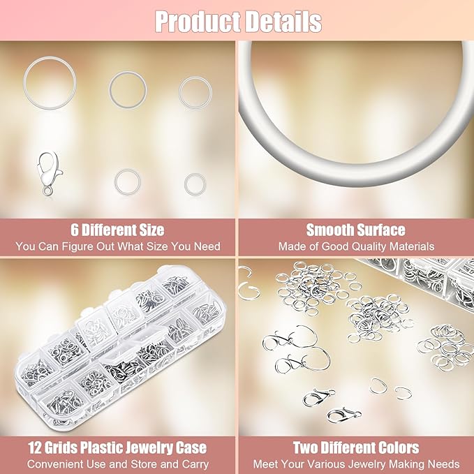 1200 Pcs Jump Rings, Jewelry Making Kit with Open/Close Tools, Pliers, Tweezers, Lobster Clasps, DIY Necklace Repair and Keychain Supplies (Silver)