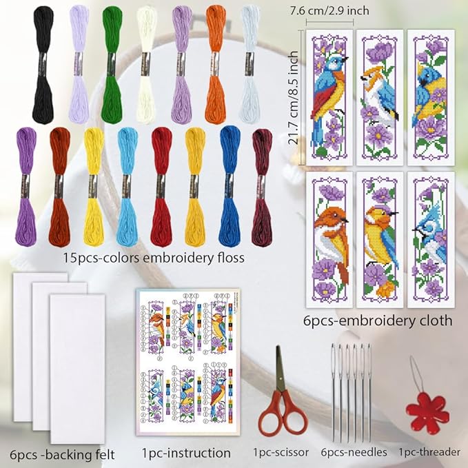 ORIGACH 6 Set Bird and Flower Cross Stitch Bookmark Kit for Beginners Stamped Embroidery Kit Include Backing Felt and Instruction Beginner Cross Stitch Kits for Adults