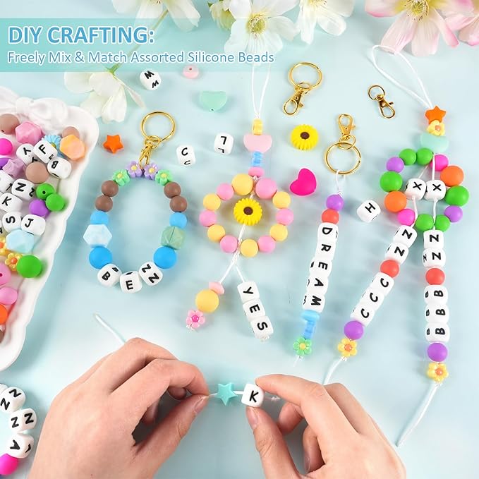 239Pcs Silicone Beads for Keychain Making, 12mm Silicone Letter Beads Bulk, 12mm 15mm Round Rubber Bead Bracelet Kit for Pens, Necklace, Jewelry Making DIY Crafts Gifts (Multicolor)