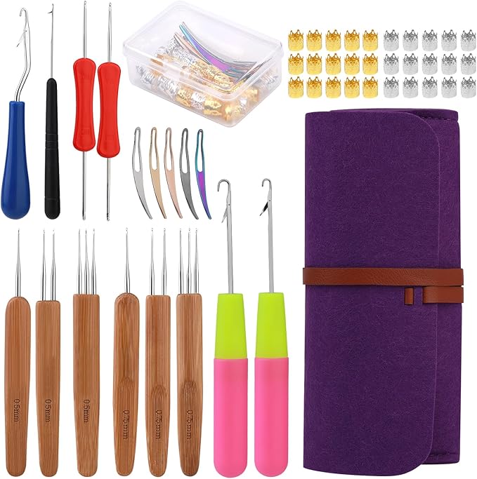 Dreadlock Crochet Hook, 48 Pcs Loc Crochet Needle, 6 Dreadlock Crochet Needle, Crochet Hooks for Hair, Different Size Bent Latch Hook with Case and Dreadlocks Tool (Purple)