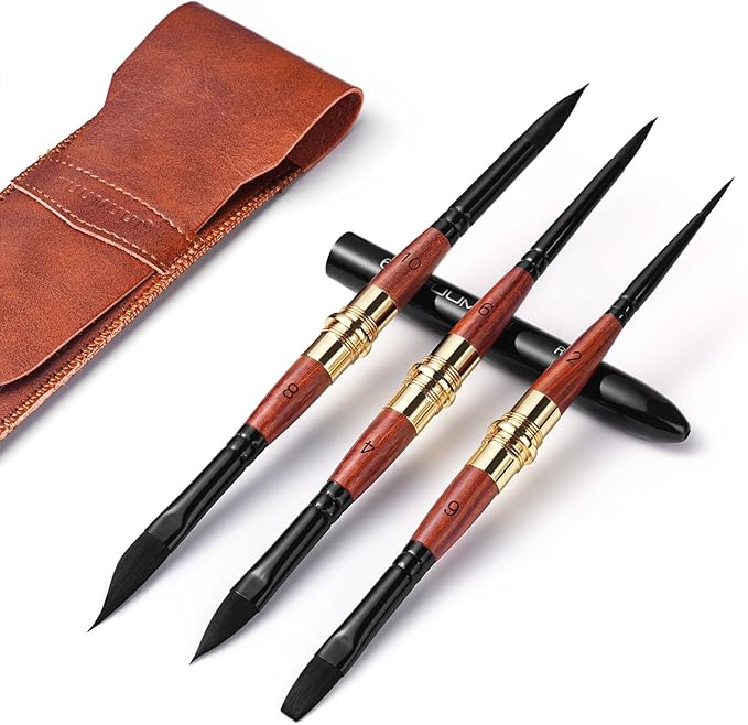 Dual Tip Travel Watercolor Brushes, Fuumuui 3pcs Synthetic Squirrel Hair Set of 6 Versatile Tips with Leather Pouch Perfect for Watercolor Gouache Ink Painting