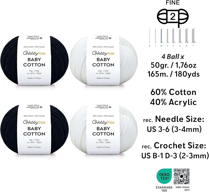 Baby Cotton Yarn Bundles for Crocheting - Each Ball is 50g / 180yds - (2) Fine, Sport Weight Yarn - Amigurumi Yarn, Crochet Thread - & 5 Stitch Makers (Black & White)