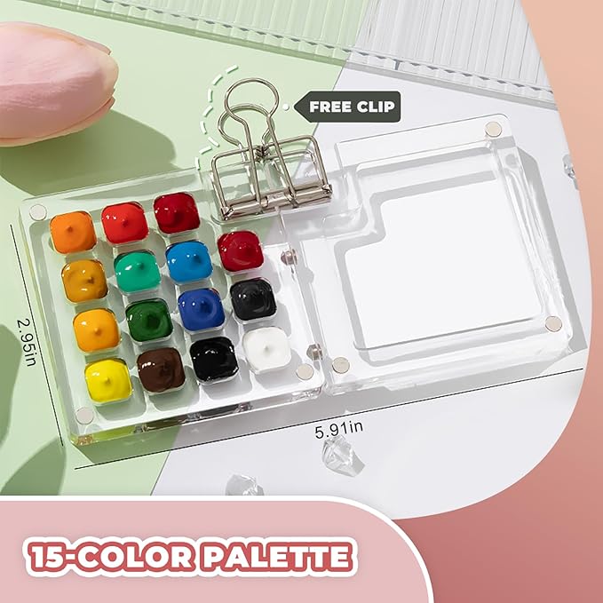 Mini Watercolor Paint Set Portable, Travel Grid Paint Palette Box with Binder Clips Include 24 Colours, Brush*3 and Picture Album Art Materials Coloring Markers for Travel, Creative Drawing Kit for Beginners and Art Enthusiasts