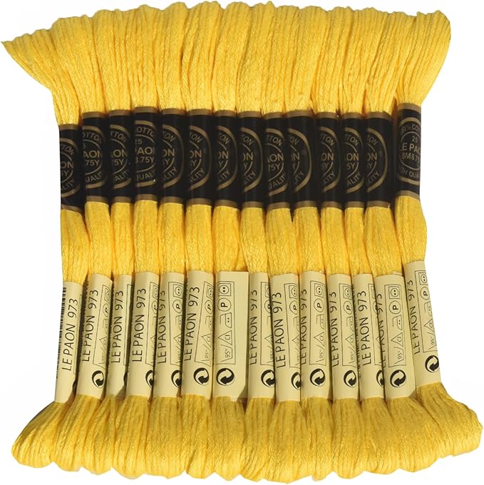 LE PAON Embroidery Floss, 14-Pack Six Strands 100% Long Staple Cotton Embroidery Thread, 8.7-Yard，Color Number：973, Bright Canary