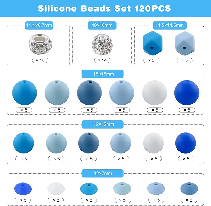 120Pcs Multicolor 12mm 15mm Silicone Beads for Keychain Making, 14mm Hexagon Beads Rhinestone Round Spacer 10mm for DIY Handicrafts(Blue)