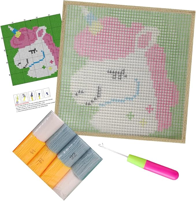 DL-YTG Latch Hook Kits Rug Unicorn Crochet Yarn Cushion Colour Pre-Printed Canvas Cover Rug Needlework DIY Hook and Latch Kit Christmas Home Decoration 30x30cm/12 X12in