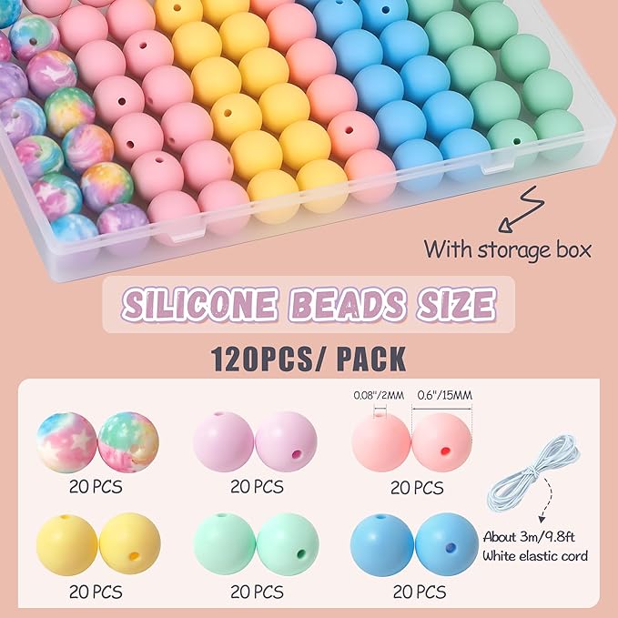 120 Pcs Silicone Beads for Keychain Making 15mm Bracelets Yellow Green Blue Mixed 6 Colors Silicone Round Beads Bulk for Crafts Pens Making
