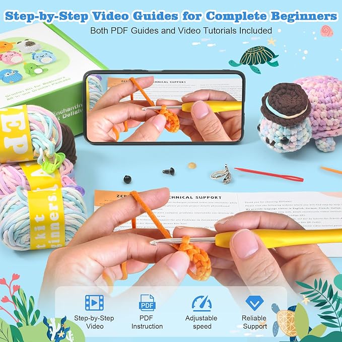 Zepiany Crochet Kit for Beginners, Amigurumi Beginner Crochet Kit for Adults, Crochet Turtle Crocheting Kit, Cute Crochet Animals Knitting Kit with Step-by-Step Video, Crafts Kits for Adults