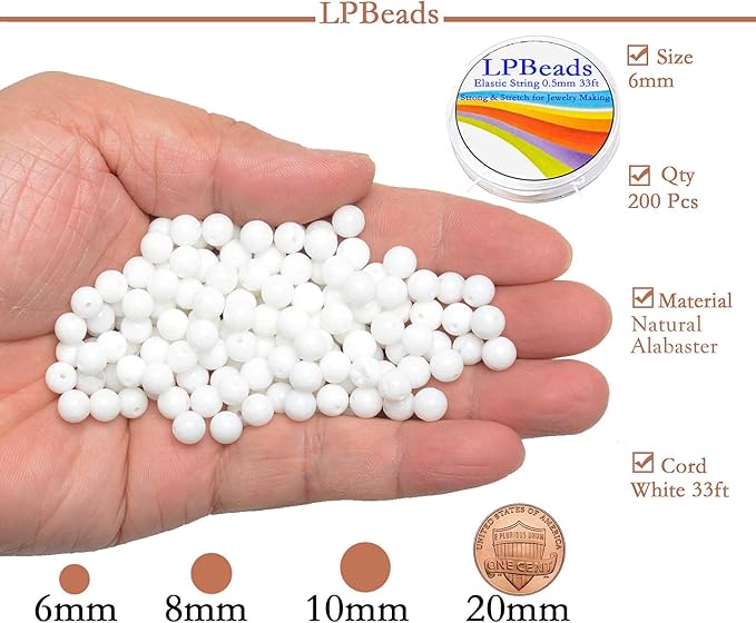 LPBeads 200Pcs Polished 6mm Round Natural White Alabaster Gemstone Loose Beads with Stretch Cord for Jewelry Making Bracelets