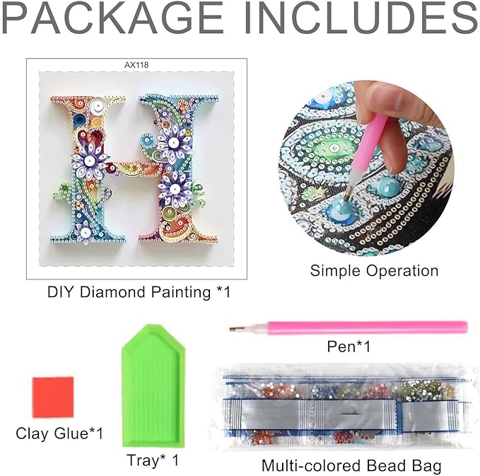 MVVMTOP Diamond Painting Kit, 5D DIY Letter H, Special Shape Crystal Artificial Diamond Art Partial Mosaic Handicraft for Beginners, Wall Decor Gift for Bedroom, Office, Living Room 6.7x6.7in