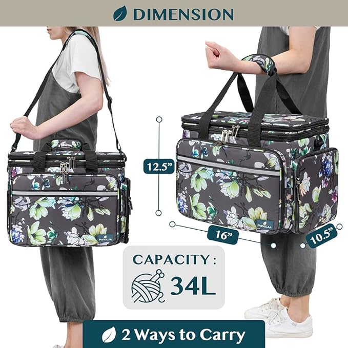 PAVILIA Knitting Bag Yarn Storage Tote, Large Crochet Organizer Bag, Yarn Storage Holder for Crocheting Knitter, Knitting Project Bag, Crochet Accessories Set, Gifts For Crochet Lovers, Floral Gray