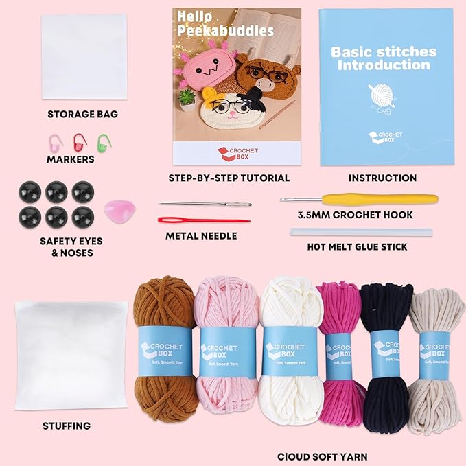 CrochetBox Crochet Kit for Beginners - Glasses Holder Eyeglass Crochet Kit, Beginners Crocheting Kitting for Adults Teen, Gifts with Crochets Yarns, Hook, Step-by-Step Video, Instruction