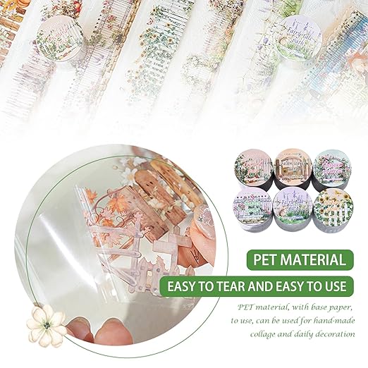 6Rolls Floral Washi Tape Set PET 40mm Wide Washi Sticker for Junk Journaling Stickers Flower Scrapbook Stickers Vintage Washi Tapes Scrapbooking Supplies Decorative Tape for Crafts, 6.6ft Long