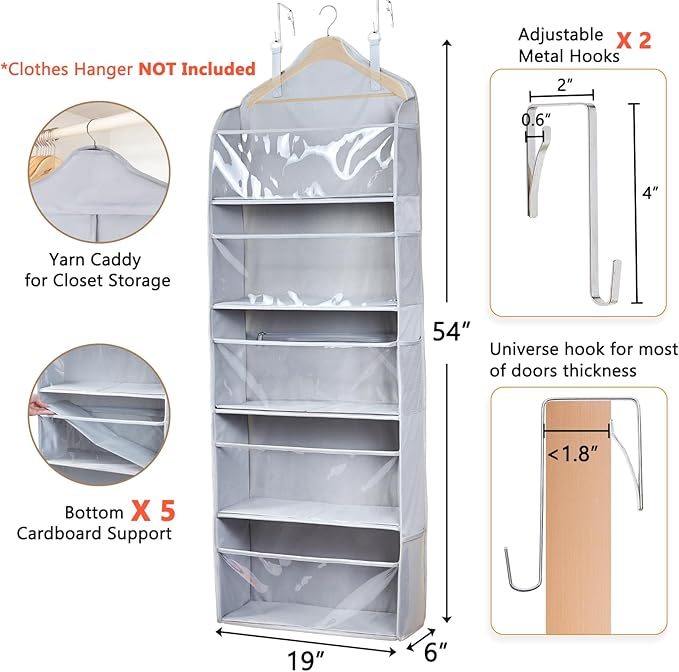 MYBAGZING Hanging Yarn Storage Organizer with Zipper Pockets, 5 Tiers Over the Door & Closet Yarn Holder, Large Crochet & Knitting Organizer with Side Pockets for Hooks, Needles & Accessories