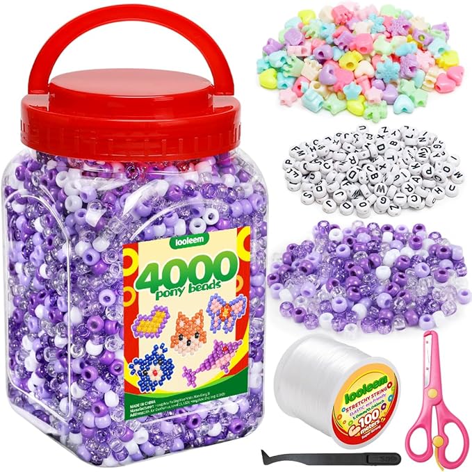 iooleem purple solid & glitter bulk pony beads - 4000pc kit for friendship bracelets & jewelry making, easy storage