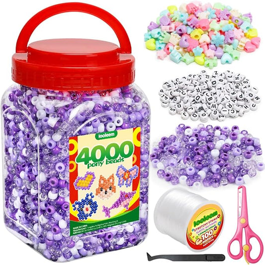 iooleem purple solid & glitter bulk pony beads - 4000pc kit for friendship bracelets & jewelry making, easy storage