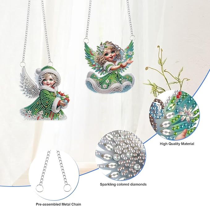 LazyFold 2 Pcs DIY Acrylic Diamond Art Painting Pendants Kits, Angel Special Shaped Rhinestone 5D Diamond Art Window Pendants Home Garden Wall Hanging Ornament Kits Gifts